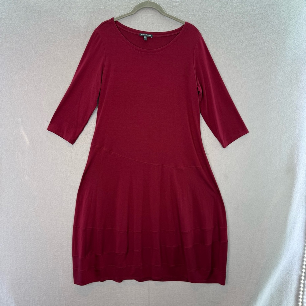 Eileen Fisher -women’s burgundy 3/4 sleeve mid dress round neck jersey knit SZ M